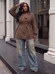 Slaydiva Mantel Trench Wanita Ukuran Besar, Cokelat dengan Kerah dan Ikat Pinggang, Jaket Serbaguna Ukuran Besar untuk Musim Gugur - Coklat - View 5