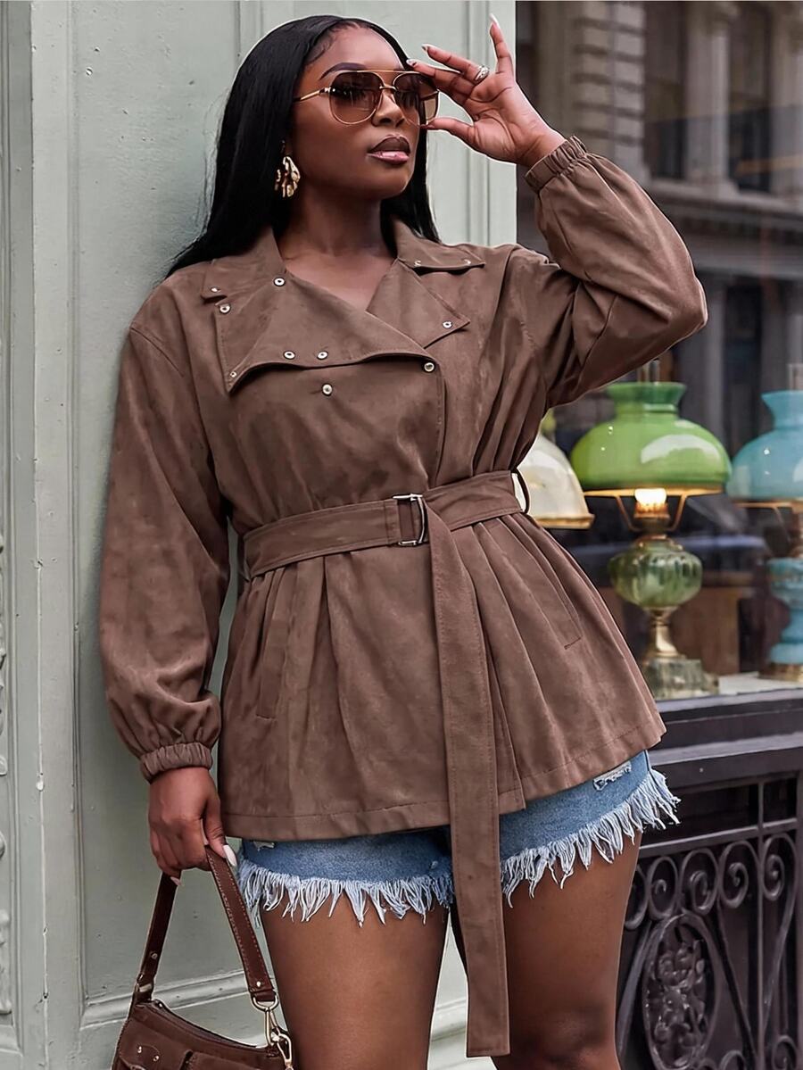 Slaydiva Mantel Trench Wanita Ukuran Besar, Cokelat dengan Kerah dan Ikat Pinggang, Jaket Serbaguna Ukuran Besar untuk Musim Gugur