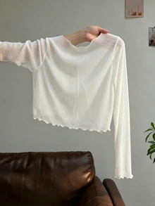 SHEIN 少女秋季白色紋理針織布料甜美泡泡袖拉鍊開肩優雅可愛酷感長版外套，適合校園大學生正式場合與健身房 - 白色 - 查看 3