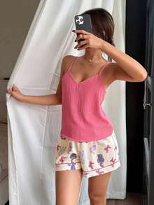 Dream Adore Set Piyama Wanita Model Camisole Leher V Motif Kucing Polkadot Lucu - Berwarna merah muda - View 5