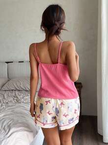 Dream Adore Set Piyama Wanita Model Camisole Leher V Motif Kucing Polkadot Lucu - Berwarna merah muda - View 2