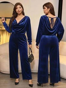 Reflora Plus Size Velvet Cowl Neck Jumpsuit, Autumn/Winter Fall - Royal Blue - View 8