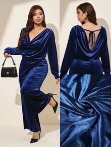 Reflora Plus Size Velvet Cowl Neck Jumpsuit, Autumn/Winter Fall - Royal Blue - View 1