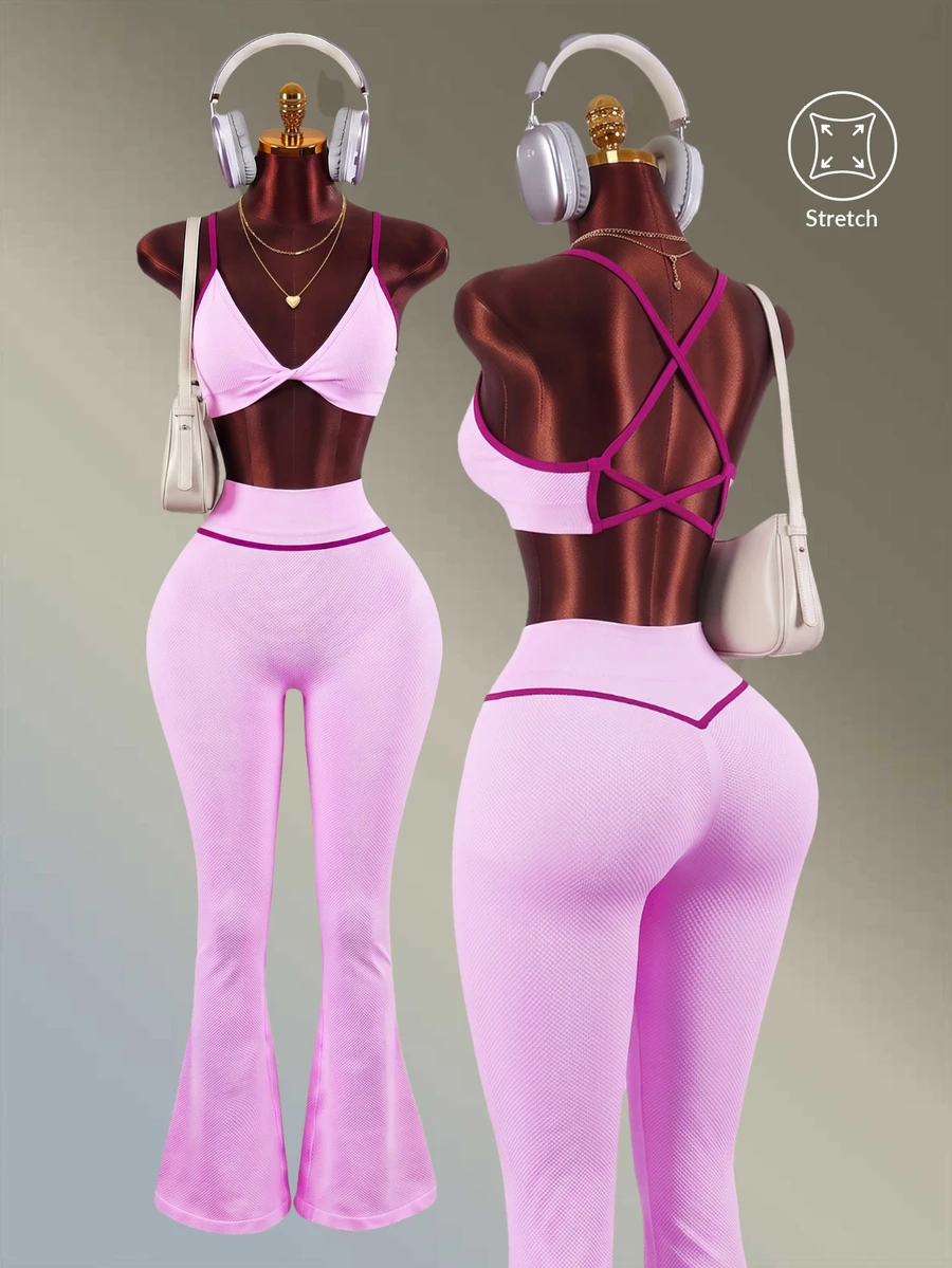 Amplova Women's Colorblock Pleated Camisole Top And High-Waisted Leggings Casual Workout Sports Set Pink Seamless Spaghetti-Strap Top And Long Flared Pants