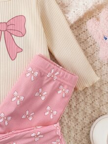 SHEIN 兒童新生女嬰可愛針織蝴蝶結長袖居家服套裝 - 粉色 - 查看 5