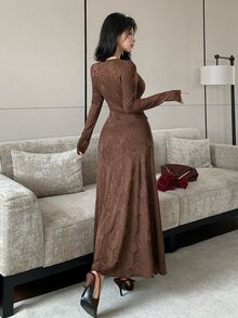 Modelyn Coffee Brown Rose Jacquard Cross Deep V-Neck Side Ruched Waist Long Sleeve Draped Full Skirt Vintage Slimming Bodycon Maxi Dress - Coffee Brown - View 7