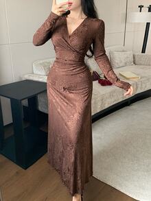 Modelyn Coffee Brown Rose Jacquard Cross Deep V-Neck Side Ruched Waist Long Sleeve Draped Full Skirt Vintage Slimming Bodycon Maxi Dress - Coffee Brown - View 4