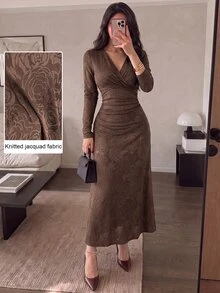 Modelyn Coffee Brown Rose Jacquard Cross Deep V-Neck Side Ruched Waist Long Sleeve Draped Full Skirt Vintage Slimming Bodycon Maxi Dress - Coffee Brown - View 2