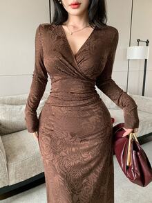 Modelyn Coffee Brown Rose Jacquard Cross Deep V-Neck Side Ruched Waist Long Sleeve Draped Full Skirt Vintage Slimming Bodycon Maxi Dress - Coffee Brown - View 1