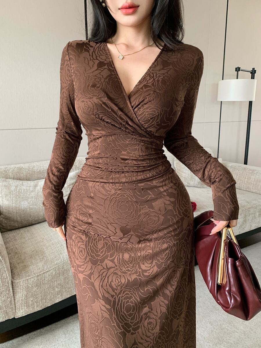 Modelyn Coffee Brown Rose Jacquard Cross Deep V-Neck Side Ruched Waist Long Sleeve Draped Full Skirt Vintage Slimming Bodycon Maxi Dress - Coffee Brown - View 1