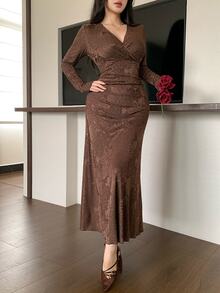 Modelyn Coffee Brown Rose Jacquard Cross Deep V-Neck Side Ruched Waist Long Sleeve Draped Full Skirt Vintage Slimming Bodycon Maxi Dress - Coffee Brown - View 6