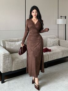 Modelyn Coffee Brown Rose Jacquard Cross Deep V-Neck Side Ruched Waist Long Sleeve Draped Full Skirt Vintage Slimming Bodycon Maxi Dress - Coffee Brown - View 5