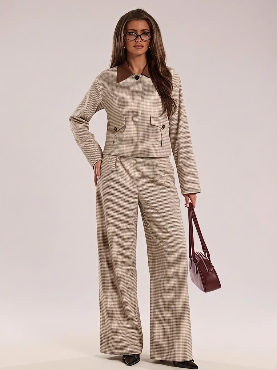 SHEIN BAE Women's Plaid Asymmetric Waist Wide Leg Loose Fit Suit Pants - Multicolor - View 1