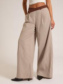 SHEIN BAE Women's Plaid Asymmetric Waist Wide Leg Loose Fit Suit Pants - Multicolor - View 7