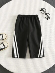 SHEIN Baby Boy Autumn/Winter Black Contrast Color Webbing Elastic Waist Long Pants Versatile Comfortable Outdoor Wear - Black - View 4