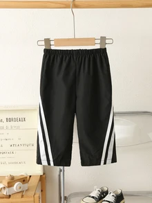 SHEIN Baby Boy Autumn/Winter Black Contrast Color Webbing Elastic Waist Long Pants Versatile Comfortable Outdoor Wear - Black - View 2
