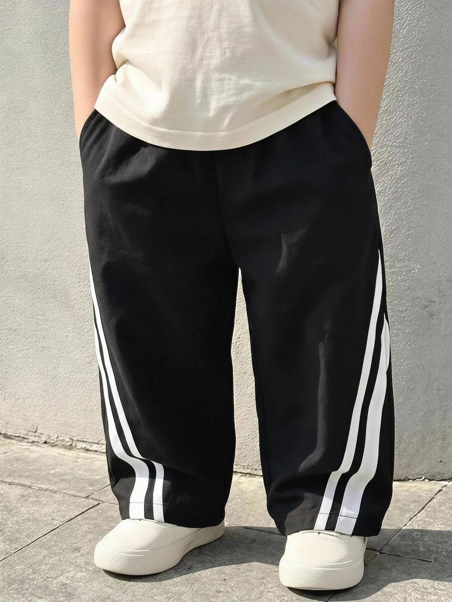SHEIN Baby Boy Autumn/Winter Black Contrast Color Webbing Elastic Waist Long Pants Versatile Comfortable Outdoor Wear - Black - View 1
