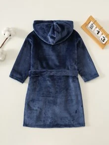 SHEIN 大童男孩秋冬休閒毛絨刺繡圖案連帽藍色居家服浴袍睡衣 - 藏蓝色 - 查看 6
