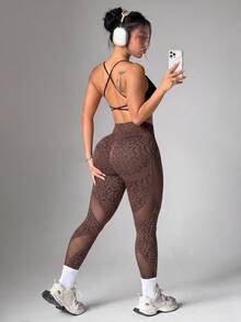 SHEIN Rhythm Era Plus Size Leopard Print High Waist Tummy Control Seamless Leggings, Super Soft High Stretch Yoga Pants Spring Summer - Brown - View 7