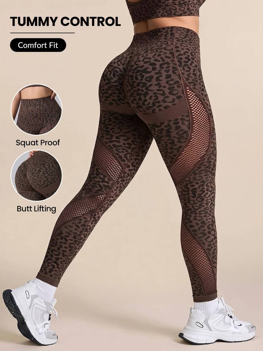 SHEIN Rhythm Era Plus Size Leopard Print High Waist Tummy Control Seamless Leggings, Super Soft High Stretch Yoga Pants Spring Summer - Brown - View 1