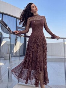 Modelyn Gaun Jala Berkerut Model French Style dengan Leher Setengah Tinggi untuk Wanita - Coffee Brown - View 6
