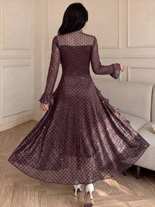 Modelyn Gaun Jala Berkerut Model French Style dengan Leher Setengah Tinggi untuk Wanita - Coffee Brown - View 8