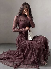 Modelyn Gaun Jala Berkerut Model French Style dengan Leher Setengah Tinggi untuk Wanita - Coffee Brown - View 3