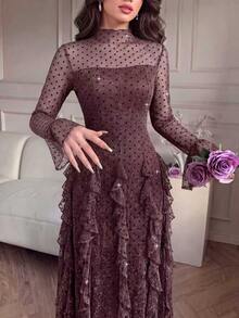 Modelyn Gaun Jala Berkerut Model French Style dengan Leher Setengah Tinggi untuk Wanita - Coffee Brown - View 7