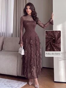 Modelyn Gaun Jala Berkerut Model French Style dengan Leher Setengah Tinggi untuk Wanita - Coffee Brown - View 5
