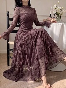 Modelyn Gaun Jala Berkerut Model French Style dengan Leher Setengah Tinggi untuk Wanita - Coffee Brown - View 4