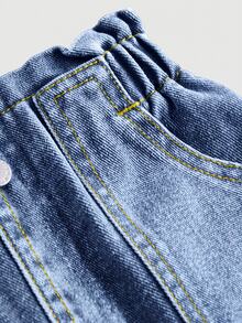 SHEIN Young Girl New Vacation Sunflower Ruffle Elastic Waist Comfortable Soft Loose Casual Fashion Jeans - Medium Wash - View 4