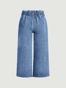 SHEIN Young Girl New Vacation Sunflower Ruffle Elastic Waist Comfortable Soft Loose Casual Fashion Jeans - Medium Wash - View 2