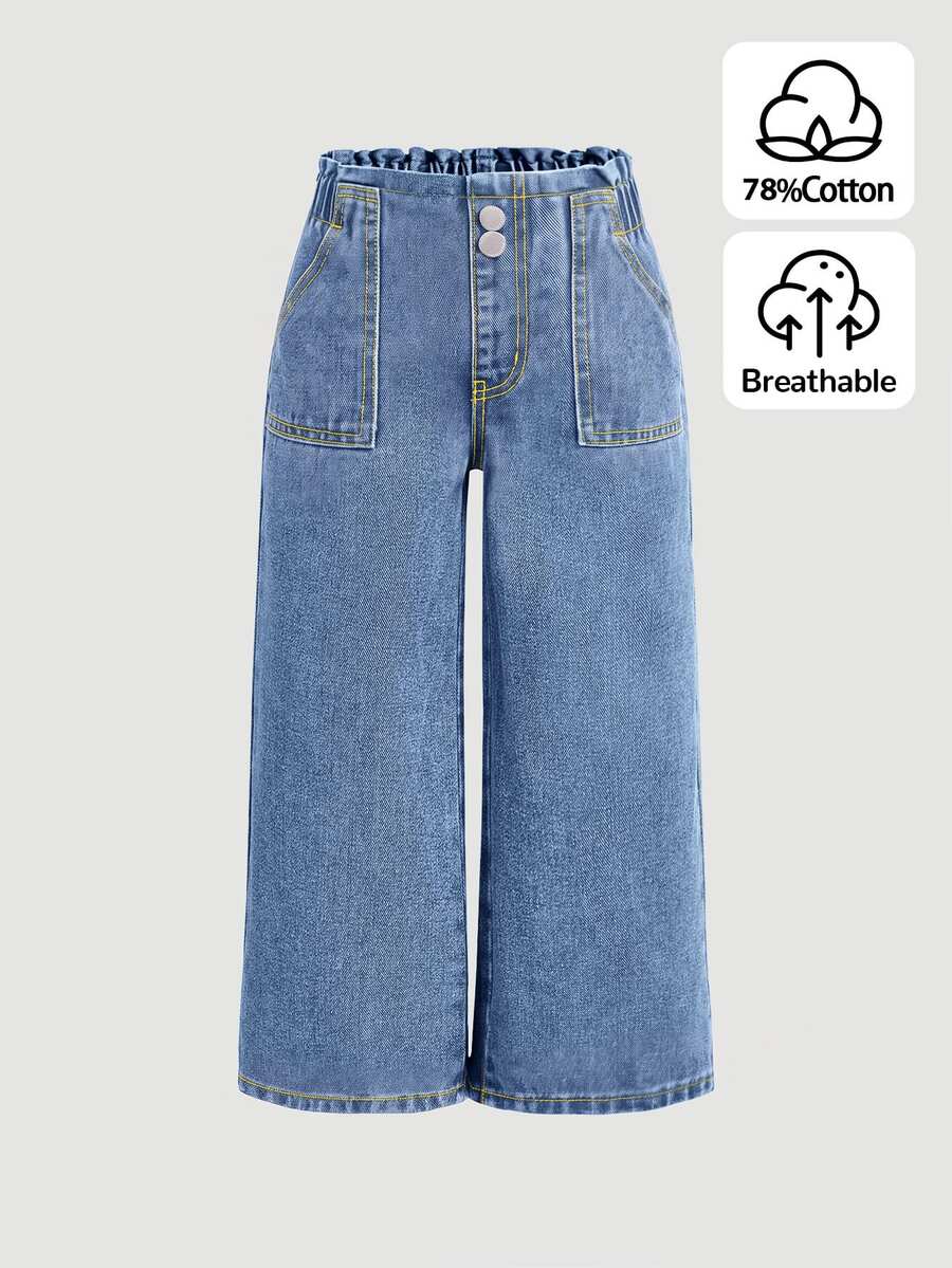 SHEIN Young Girl New Vacation Sunflower Ruffle Elastic Waist Comfortable Soft Loose Casual Fashion Jeans - Medium Wash - View 1