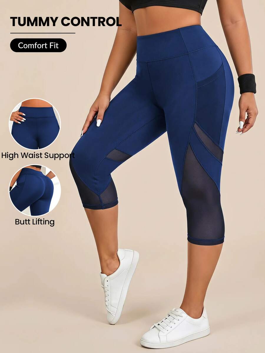 SHEIN Unity Plus Size Sports Capris - Navy Blue - View 1