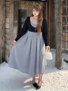 Bijouette Plus Size Plaid & Solid Color Patchwork Long Sleeve Dress, Loose A-Line Square Neck With Decorative Buttons + Multi-A-Line Skirt, Perfect For Hiding Belly, Hips And Thighs, Slimming Effect, Pear & Apple Body Shape Friendly, No Tightness, Japanese Gentle Style For Commute, Date, Travel And Sightseeing - Black - View 5