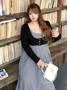 Bijouette Plus Size Plaid & Solid Color Patchwork Long Sleeve Dress, Loose A-Line Square Neck With Decorative Buttons + Multi-A-Line Skirt, Perfect For Hiding Belly, Hips And Thighs, Slimming Effect, Pear & Apple Body Shape Friendly, No Tightness, Japanese Gentle Style For Commute, Date, Travel And Sightseeing - Black - View 7