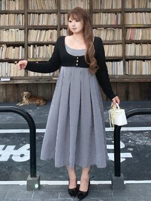 Bijouette Plus Size Plaid & Solid Color Patchwork Long Sleeve Dress, Loose A-Line Square Neck With Decorative Buttons + Multi-A-Line Skirt, Perfect For Hiding Belly, Hips And Thighs, Slimming Effect, Pear & Apple Body Shape Friendly, No Tightness, Japanese Gentle Style For Commute, Date, Travel And Sightseeing - Black - View 6