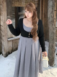Bijouette Plus Size Plaid & Solid Color Patchwork Long Sleeve Dress, Loose A-Line Square Neck With Decorative Buttons + Multi-A-Line Skirt, Perfect For Hiding Belly, Hips And Thighs, Slimming Effect, Pear & Apple Body Shape Friendly, No Tightness, Japanese Gentle Style For Commute, Date, Travel And Sightseeing - Black - View 3
