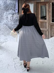 Bijouette Plus Size Plaid & Solid Color Patchwork Long Sleeve Dress, Loose A-Line Square Neck With Decorative Buttons + Multi-A-Line Skirt, Perfect For Hiding Belly, Hips And Thighs, Slimming Effect, Pear & Apple Body Shape Friendly, No Tightness, Japanese Gentle Style For Commute, Date, Travel And Sightseeing - Black - View 2