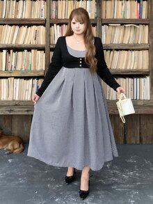 Bijouette Plus Size Plaid & Solid Color Patchwork Long Sleeve Dress, Loose A-Line Square Neck With Decorative Buttons + Multi-A-Line Skirt, Perfect For Hiding Belly, Hips And Thighs, Slimming Effect, Pear & Apple Body Shape Friendly, No Tightness, Japanese Gentle Style For Commute, Date, Travel And Sightseeing - Black - View 1
