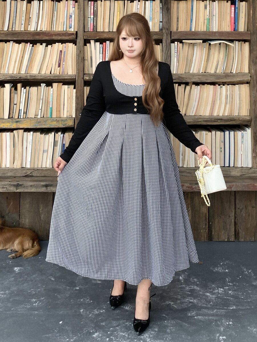 Bijouette Plus Size Plaid & Solid Color Patchwork Long Sleeve Dress, Loose A-Line Square Neck With Decorative Buttons + Multi-A-Line Skirt, Perfect For Hiding Belly, Hips And Thighs, Slimming Effect, Pear & Apple Body Shape Friendly, No Tightness, Japanese Gentle Style For Commute, Date, Travel And Sightseeing - Black - View 1
