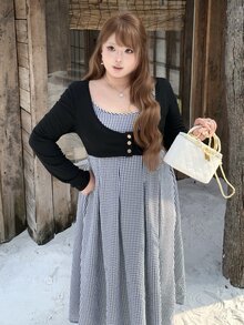 Bijouette Plus Size Plaid & Solid Color Patchwork Long Sleeve Dress, Loose A-Line Square Neck With Decorative Buttons + Multi-A-Line Skirt, Perfect For Hiding Belly, Hips And Thighs, Slimming Effect, Pear & Apple Body Shape Friendly, No Tightness, Japanese Gentle Style For Commute, Date, Travel And Sightseeing - Black - View 4