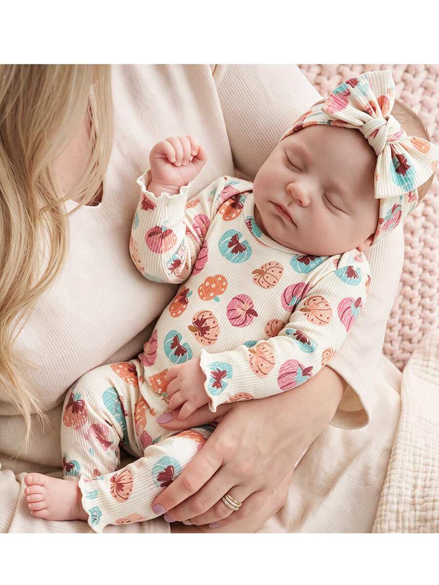 SHEIN Newborn Baby Ribbed Floral Long Sleeve Top And Elastic Waist Long Pants Set, Comfortable And Fashionable Infant Loungewear - Multicolor - View 1