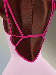 Amplova 1pc/Set Sports Jumpsuit/Shoulder Strap+Waist Cinched+Contrast Color Design/Basic Style+Pink+Fitness/Yoga Pink Flared Jumpsuit Gym Fitness Workout - Pink - View 5