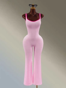 Amplova 1pc/Set Sports Jumpsuit/Shoulder Strap+Waist Cinched+Contrast Color Design/Basic Style+Pink+Fitness/Yoga Pink Flared Jumpsuit Gym Fitness Workout - Pink - View 12