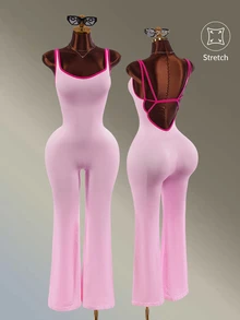 Amplova 1pc/Set Sports Jumpsuit/Shoulder Strap+Waist Cinched+Contrast Color Design/Basic Style+Pink+Fitness/Yoga Pink Flared Jumpsuit Gym Fitness Workout - Pink - View 11
