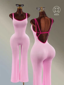 Amplova 1pc/Set Sports Jumpsuit/Shoulder Strap+Waist Cinched+Contrast Color Design/Basic Style+Pink+Fitness/Yoga Pink Flared Jumpsuit Gym Fitness Workout - Pink - View 2