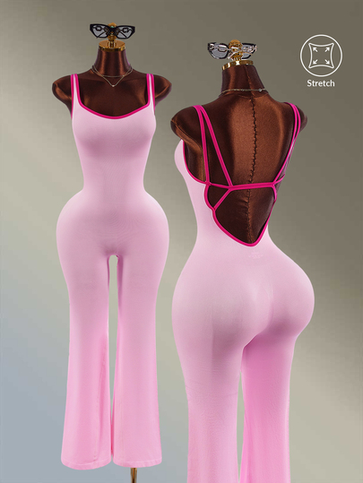 Amplova 1pc/Set Sports Jumpsuit/Shoulder Strap+Waist Cinched+Contrast Color Design/Basic Style+Pink+Fitness/Yoga Pink Flared Jumpsuit Gym Fitness Workout