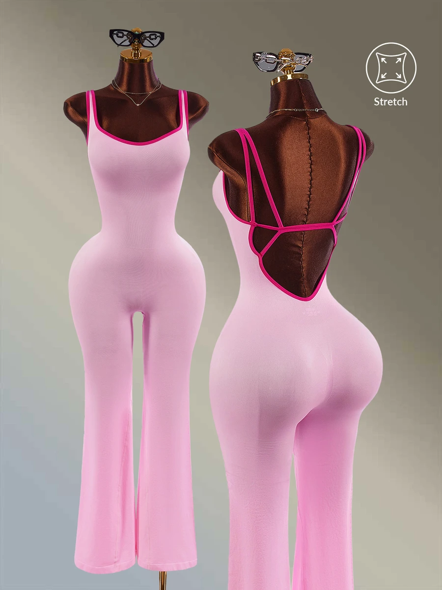 Amplova 1pc/Set Sports Jumpsuit/Shoulder Strap+Waist Cinched+Contrast Color Design/Basic Style+Pink+Fitness/Yoga Pink Flared Jumpsuit Gym Fitness Workout