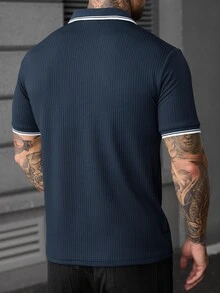 Manfinity Homme 男士時尚休閒短袖 Polo 衫，男士針織提花上衣，條紋短袖 Polo 衫，復古風格，日常休閒穿著 - 藍色 - 查看 2